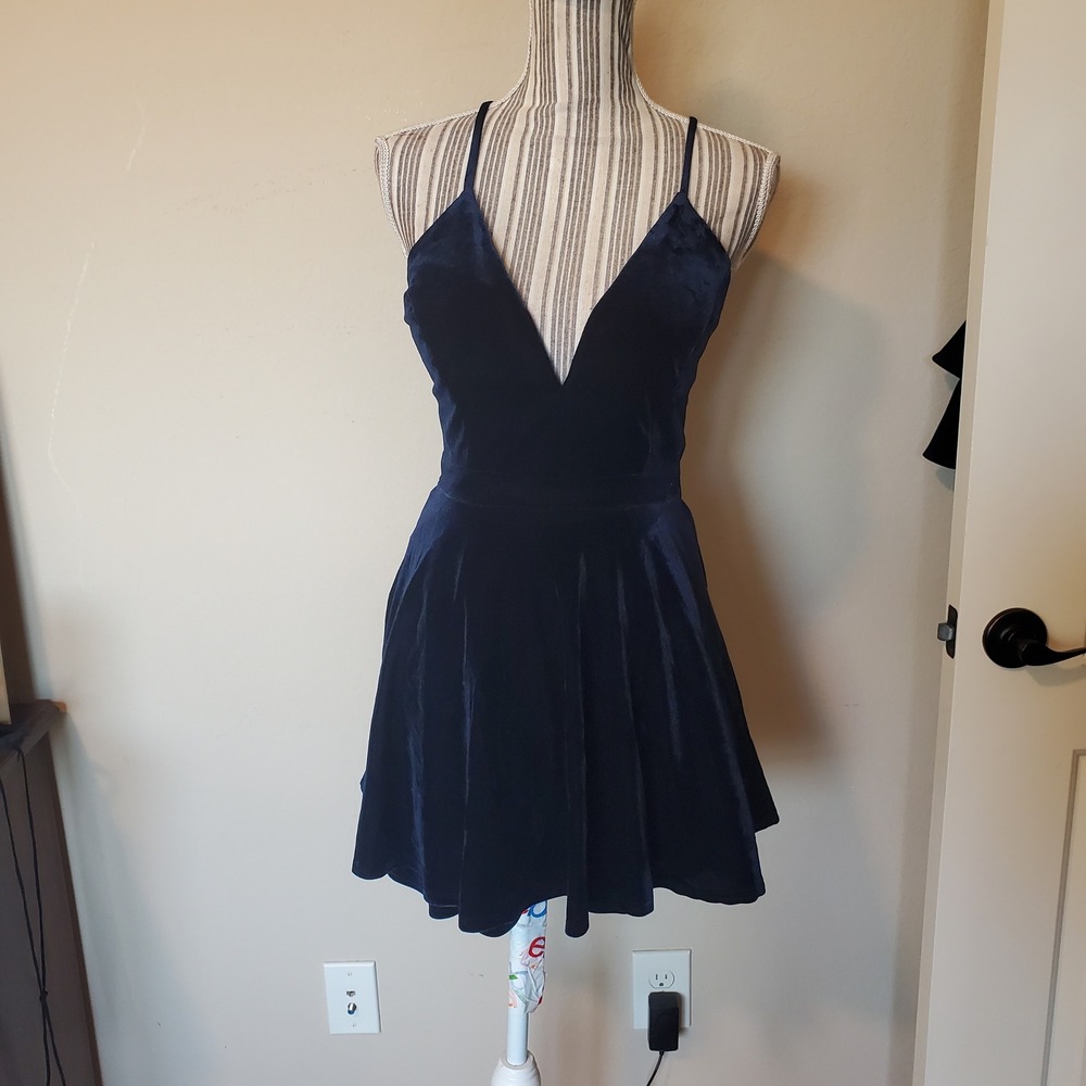 Honey and Rosie Navy Blue Velvet Lace Back Fit and Flare Dress Size M R-61820